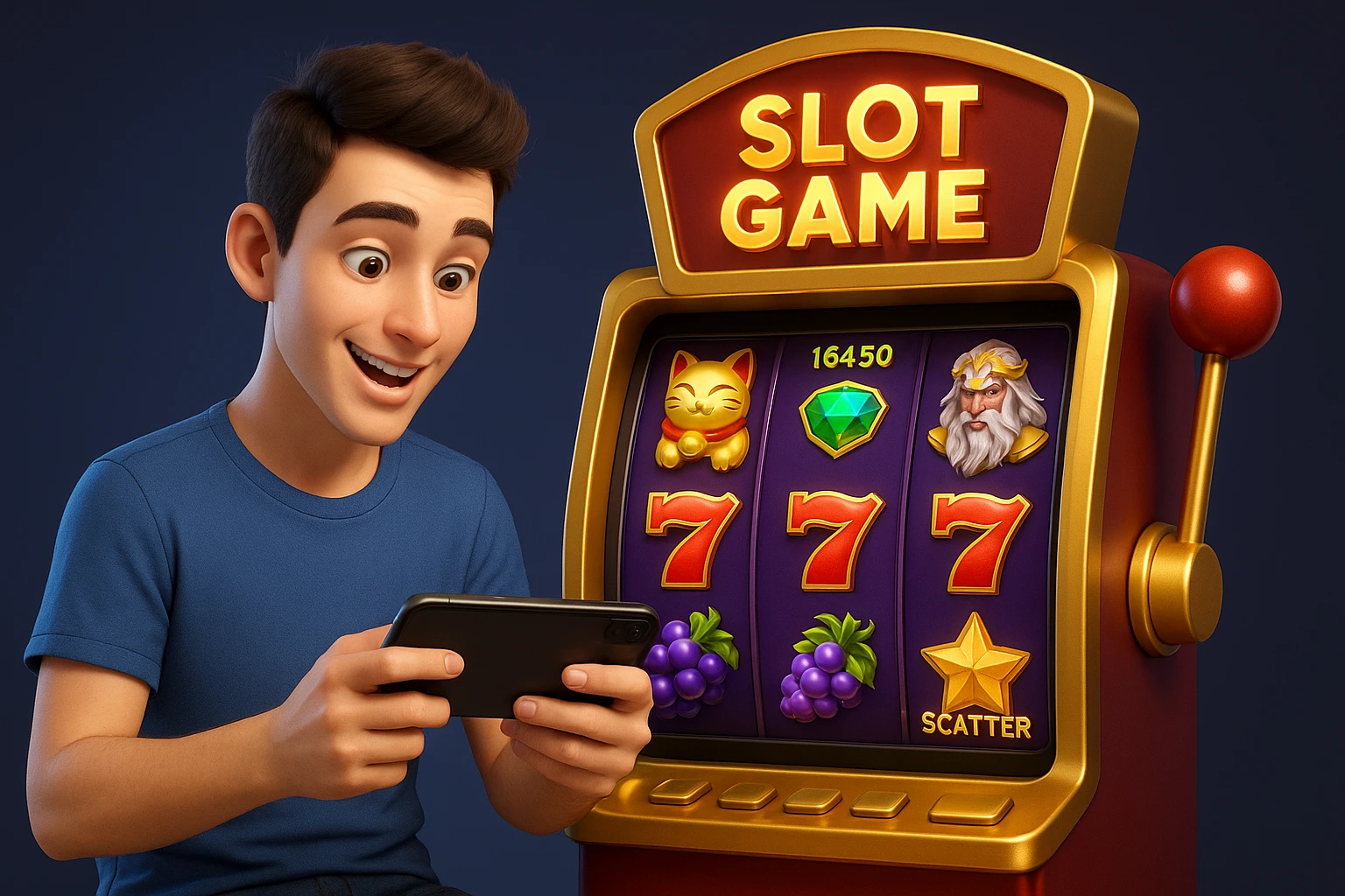Ilustrasi pria muda bermain game slot mobile RTP tinggi di smartphone dengan mesin slot 3D berwarna cerah di sampingnya