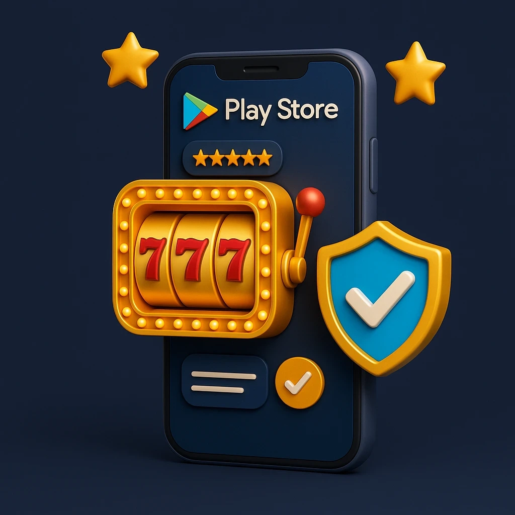 Ilustrasi 3D smartphone menampilkan Play Store dengan ikon slot machine angka 777, simbol bintang, dan perisai ceklis, menggambarkan aplikasi slot Android aman dan terpercaya.