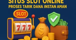 3D ilustrasi situs slot online populer dengan mesin slot 777, koin emas, dompet uang, shield keamanan, dan tulisan proses tarik dana instan aman.