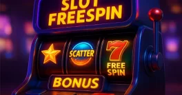 Ilustrasi 3D mesin slot virtual dengan efek freespin aktif dan simbol scatter menyala